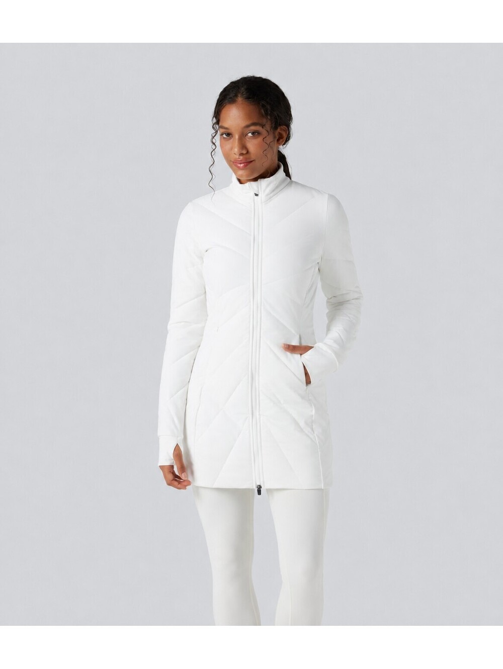 Halara PuffFlex Stand Collar Double Zipper Thumb Hole Padded Jacket White Size M